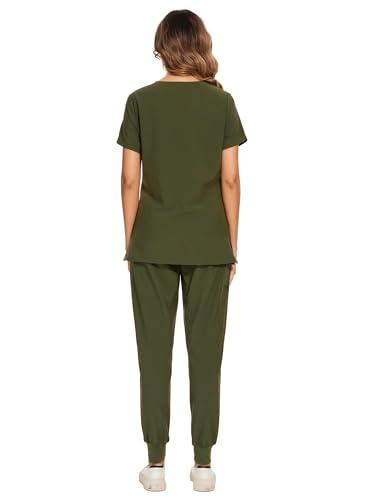COZYFIT Scrubs for Women Set - Stretch V-Neck Scrub Top & Jogger Pant with 8 Pockets Yoga Waistband Anti Wrinkle Slim Fit Women Scrubs - Olive Green S