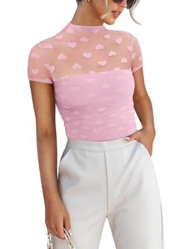 REORIA Sexy Bodysuits for Women Classic Mock Turtle Neck Short Sleeve Slim Fit Shirts Sheer Mesh Ruched Trendy Going Out Tops Cute Office Bodysuits Valentines Day Shirts Women Pink Heart Medium