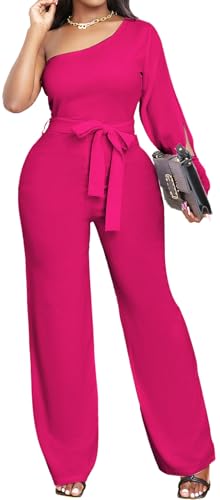 sexycherry Rose Jumpsuit for Women Dressy Sexy One Shoulder Slit Long Sleeve Straight Pants Clubwear Jumpsuit with Zipper(XX-Large)