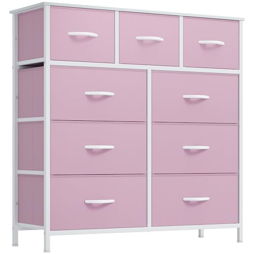 DWVO Dresser for Bedroom with 9 Drawers Fabric Storage Dresser Closet Dresser & Chest of Drawers for Living Room Closets - Sturdy Steel Frame Wooden Top & Easy Pull Fabric Bins(Pink)