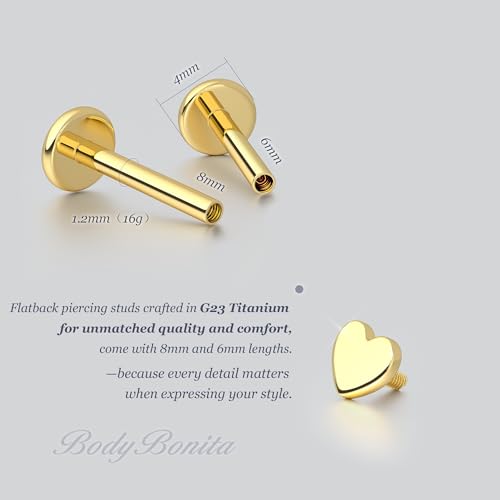 BodyBonita 16G Gold Stud Earrings Flat Back - G23 Titanium Internal Thread Heart Cartilage Earrings for Women CZ Stud Piercing Jewelry Tragus/Helix/Conch/Medusa/Lip/Labret/Nose 6mm 8mm