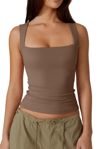 QINSEN Women's Square Neck Sleeveless Double-Layer Tank Tops Basic Tight T Shirts Cacao Nibs XS