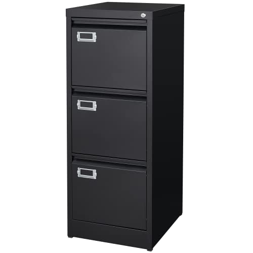 BYNSOE 3 Drawer File Cabinet with Lock Metal Vertical File Cabinet Office Home Narrow File Cabinet for A4 Legal/Letter Size Assembly Required (Black 3 Drawers-Vertical)