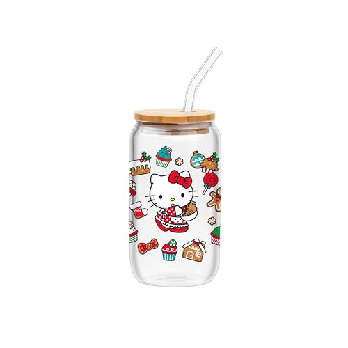 Silver Buffalo Hello Kitty Sweet Holiday 16oz Glass Tumbler with Bamboo Lid and Glass Straw