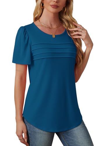 Womens Tops Short Sleeve Blouses Dressy Casual Summer Clothes 2025 Plus Size Shirts Business Vacation Outfits Teal Blue M