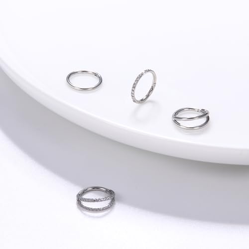 Dochais 4PCS 18G Nose Rings Hoops Surgical Steel Earrings Tragus Septum Piercing CZ Clicker Septum Ring Hinged Segment Septum Conch Lip Cartilage Double Hoops 8mm 10mm For Women Men (A-Silver-20G 8mm)