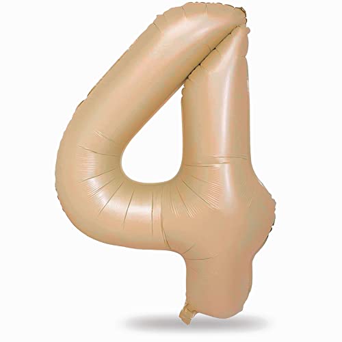 Nude Balloon Number 4 40 Inch Large Self Inflating Brown Foil Number Balloons 0-9 Giant Apricot 4 Digital Helium Balloon for 4th 14th Girls Boys 40th Women Men Birthday Party Celebration Decorations