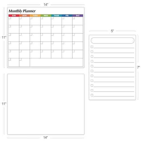 3 Pack Dry Erase Magnetic Calendar Whiteboard for Refrigerator - Monthly Calendar +Large Blank White Board + Small Blank Daily Planner Board - Magnet Family Planning Schedule Board for Fridge 14\"x11\"