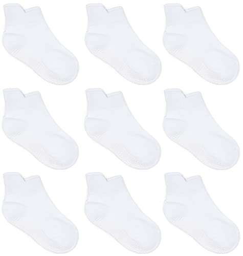 ZAPLES Baby Non Slip Grip Ankle Socks with Non Skid Soles for Infants Toddlers Kids Boys Girls White 6-12 Months