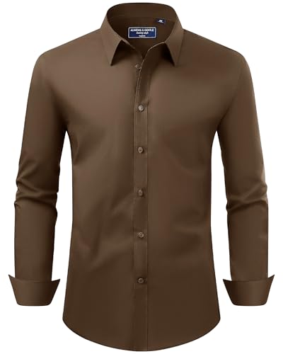 Alimens & Gentle Men's Dress Shirt Regular Fit Stretch Stain Shield Long Sleeve Solid Business Wedding Button Down Shirts Chocolate Brown