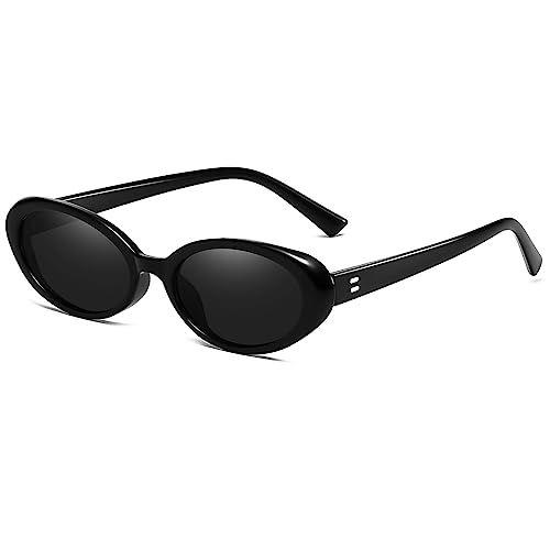 Breaksun Retro Oval Sunglasses for Women Men Fashion Small Oval Sunglasses 90s Vintage Shades (Black/Grey)