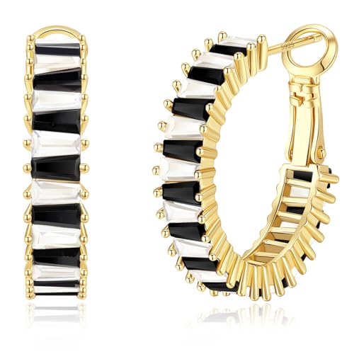 GLOQUAT Crystal White and Black Hoop Earrings 14K Gold Plated CZ Hoops for Women 925 Silver Post Vintage Colorful CZ Gold Round Circle Hoops for Women Winter Trendy Jewelry 25mm
