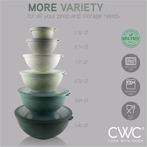 COOK WITH COLOR Mixing Bowls with Lids - 12 Piece Plastic Nesting Bowls Set includes 6 Prep Bowls and 6 Lids Non Slip Bottom and Rhombus Design - Microwave Safe (Sage)