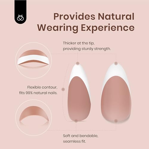 Beetles Press On Nails Almond French Tip 224 Pcs Nude Short Almond Press On Nails 4 in 1 Nail Tips Gel Nail Pre-Applied Primer and Base Coat No File Need DIY Manicure for Easy False Nail Tips