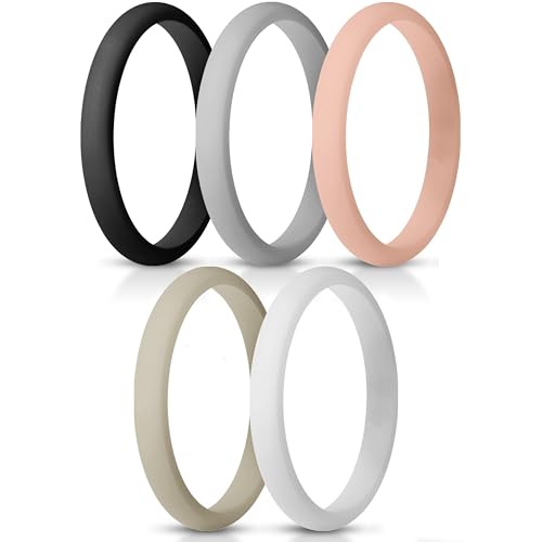 ThunderFit Silicone Womenís Band Rings Thin Stackable 2.5mm Width - 1.8mm Thick (AW-Pink Sand AW-Black AW-White AW-Fog AW-Stone - Size 9.5-10 (19.8mm))