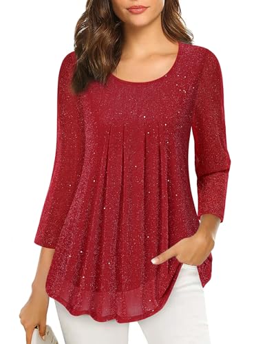 VALOLIA Womens Dressy Tops and Blouses: Fall - Women's Blouse Dressy - Bell Sleeve Tummy Flattering Tops for Curvy Women Henley V Neck Shirts for Winter Fashion Sparky Red Large