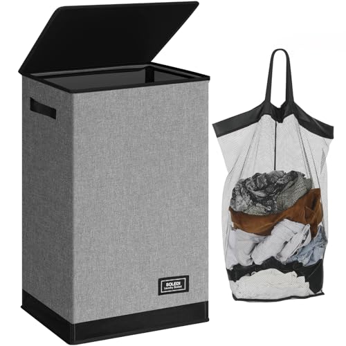 SOLEDI Laundry Hamper with Lid 90L Large & Tall Collapsible Laundry Basket Clothes Hamper with Bag Removable Easy to Carry Dirty Hampers for Bedroom Bathroom Dorm College Grey