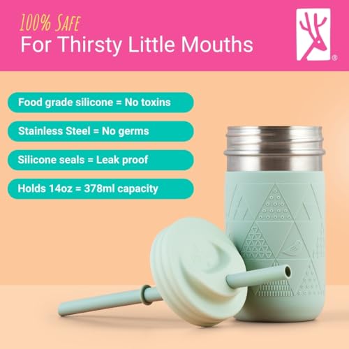 Elk and Friends14oz Stainless Steel Cups | Kids & Toddler Cups with Silicone Straws with Stopper | Spill proof cups for Kids | Smoothie Cups | Dishwasher Safe Sage/Misty Blue/Grey/Navy EF2001