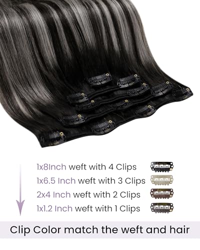 LaaVoo Clip in Hair Extensions Real Human Hair 18 Inch Ombre Black to Silver Grey Balayage Hair Extensions Clip ins Silver Balayage Human Hair Clip in Extensions Silky Straight 5Pcs 80g
