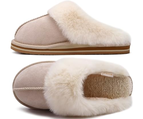 KuaiLu Womens Slippers Fluff Dual Memory Foam Slippers Ladies Cozy Arch Support Warm Scuff Slippers Slip on Comfy Winter House Shoes with Non-Slip Indoor Outdoor Hard Sole Apricot 10