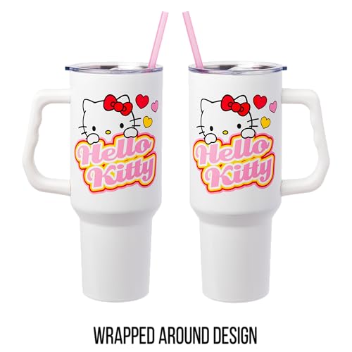 Silver Buffalo Sanrio Hello Kitty Name and Hearts Stainless Steel Tumbler with Handle and Straw Fits in Standard Cup Holder 40 Ounces