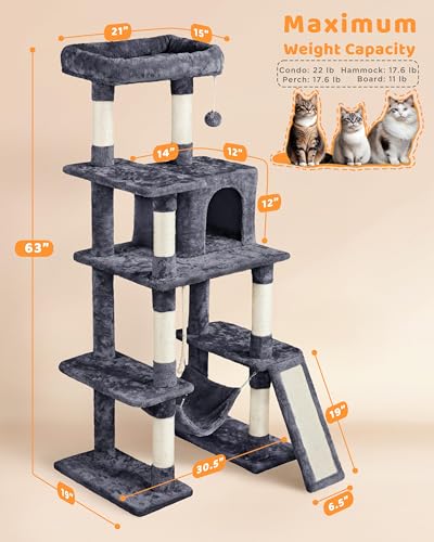 Yaheetech Cat Tower 63 Inches Multi-Level Cat Tree for Indoor Cats Tall Cat Tree with Sisal-Covered Scratching Posts & Condo Cat Furniture Activity Center for Cats Kitten