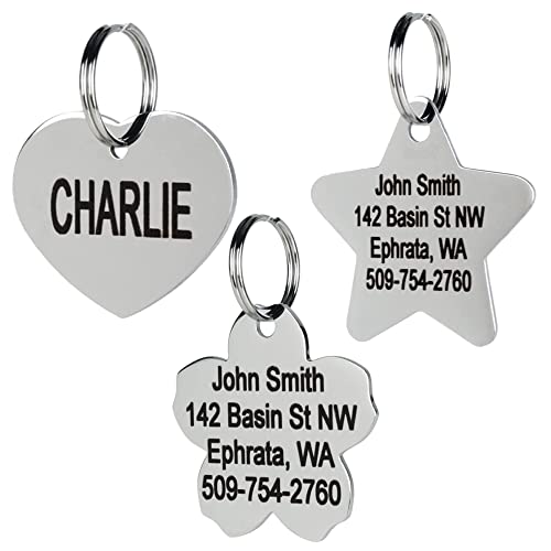 GoTags Stainless Steel Pet ID Tags Personalized Dog Tags and Cat Tags up to 8 Lines of Custom Text Engraved on Both Sides in Bone Round Heart Bowtie and More (Flower Small (Pack of 1))