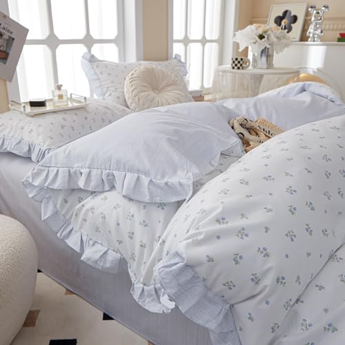 Blue Floral Comforter Set Queen Boho Ruffle Comforter Set Vintage Garden Floral Bedding Comforter Girls Cute Flower Comforter Boho Bed Comforter Botanical Floral Queen Comforter with 2 Pillowcases