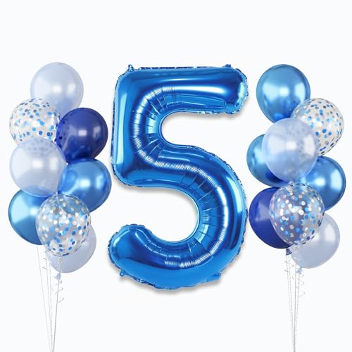 Large Foil Number 5 Balloons 101cm Light Navy Blue 5 Helium Balloon with Metallic Silver Confetti Balloon for Kids 5th Birthday Party Decor Mylar Self Inflating 5 Balloon for Graduation Decorations