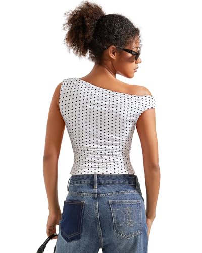 SUUKSESS Women Off Shoulder Tops Sleeveless Shirts Y2K Trendy Going Out Crop Tank Top (Polka Dots M)