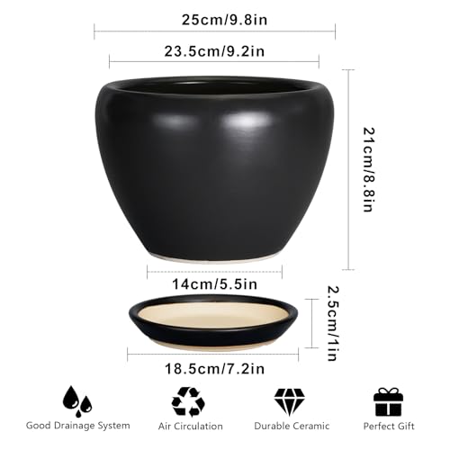 Ceramicfor Ceramic Pot for Plants - 10 Inch Plant Pot Indoor with Drainage Hole and Saucer Large Planter Decorative Planter Modern Outdoor Flower Pot for House Balcony Black