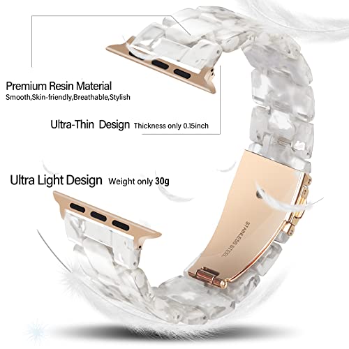 HOPO Compatible With Apple Watch Band Series 8 Series 7 Series SE Series 6 5 4 3 2 1 Thin Light Resin Strap Bracelet With Stainless Steel Buckle Replacement For iWatch (White FlowerRose