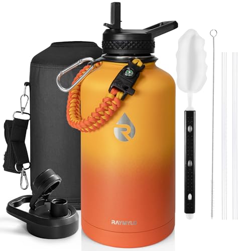 RAYMYLO One Gallon Water Bottle Insulated Triple Walled Vacuum Stainless Steel (Cold for 48 Hrs) Leak Proof & BPA-Free Large Flask Jug with Paracord Handle Straw Spout Lids Ombre Orange 128 oz
