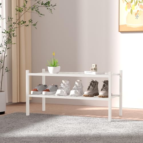 3 Tier Bamboo Shoe Rack for Closet Free Standing Wood Shoe Shelf Storage Organizer for Entryway Small Space Stackable 27\"x11\"x20\" (White)