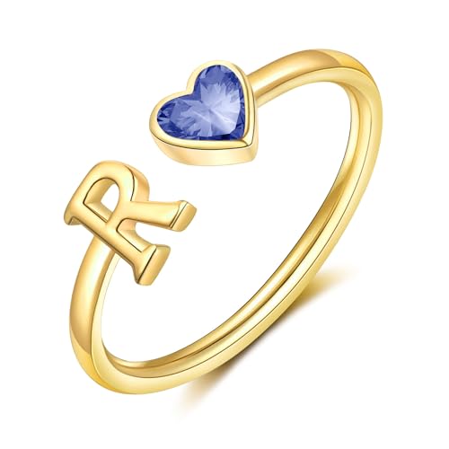 GLEZZA Initial Rings for Women Teen 𝐆𝐢𝐫𝐥𝐬 14K Gold Plated Birthstone Rings Stackable Dainty Letter Rings Birthday Birthstone Jewelry Gifts for Mother Daughter Adjustable Size 5-10(Initial R December)