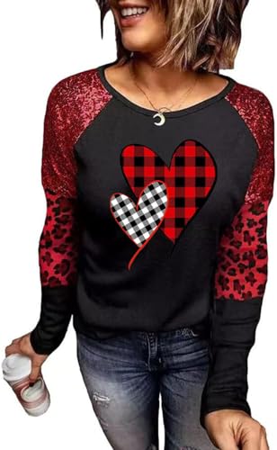 TIXOM Womens Valentine's Day Buffalo Plaid Heart T-Shirt Sequined Leopard Stripe Splicing Long Sleeve Raglans Shirt Graphic Tees(XXL S-Black-4)