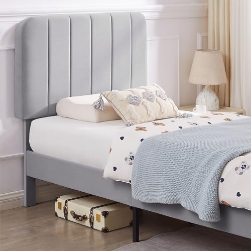 VECELO Twin Size Bed Frame with Upholstered Headboard Velvet Platform Bedframe Mattress Foundation Strong Wood Slat Support No Box Spring Needed Light Grey