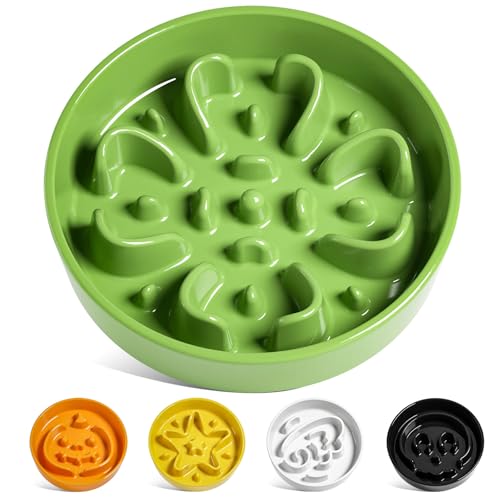 Ceramic Slow Feeder Dog Bowl Dog Feeder Dog Food Bowl Fun Feeder Slow Bowl Puppy Bowl Puzzle Feeders (Green Clover)