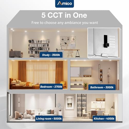 Amico 6 Pack 3 Inch 5CCT Ultra-Thin LED Recessed Ceiling Light with Junction Box 2700K/3000K/3500K/4000K/5000K Selectable 7W Eqv 60W Dimmable Canless Wafer Downlight 500LM High Brightness -ETL