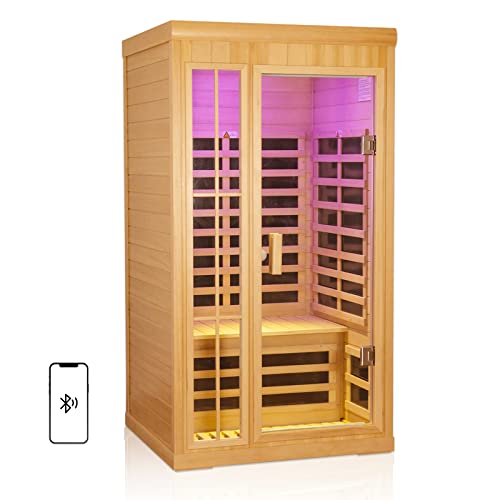 Kanlanth 1-2 Person Infrared Sauna Hemlock Wood Low EMF Far Infrared Saunas for Home 1350watt Indoor Personal Sauna Room Box with APP Control Glass Door Blue-Tooth LCD LED Reading Light