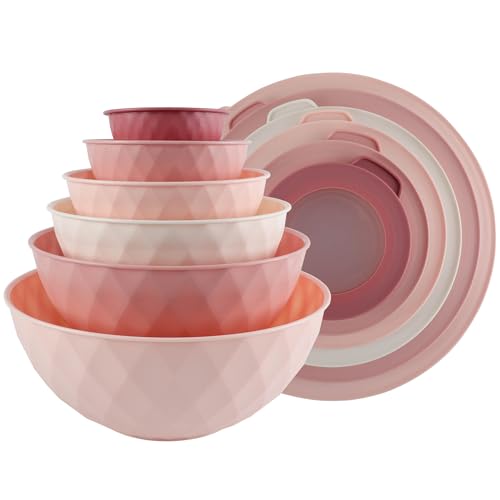 COOK WITH COLOR Mixing Bowls with Lids - 12 Piece Plastic Nesting Bowls Set includes 6 Prep Bowls and 6 Lids Non Slip Bottom and Diamond Design - Microwave Safe (Mint)