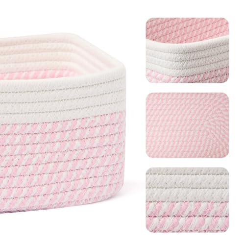 MiniArk Shelf Storage Baskets for Organizing | Closet Organizer Bins | Small Baskets | Toy Basket | Cute Decorative Basket | Cube Storage Bin | Woven Rope Basket | 11.5×7.5×4.7” | 3 Packs White Pink