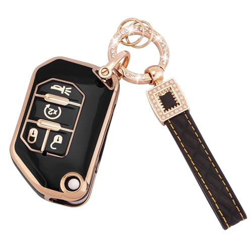 EKALA for Jeep Key Fob Cover with Leather Key Fob Keychain Soft TPU Keys Shells Fit for Jeep Wrangler JL JLU Rubicon Gladiator JT Sahara JLU 4 Buttons Flip Folding Key Case Black Gold (BP-Jep-4F)