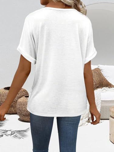 EyMuse T Shirts Short Sleeve V Neck Tees Womens Fashion Tops Loose Fit Lightweight Casual Summer Outfits Clothes 2024 White XL X-Large