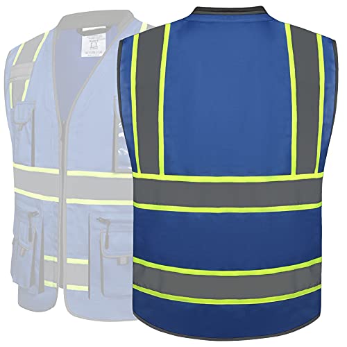 JKSafety 10 Pockets Hi-Vis Zipper Front Fluorescent Blue Safety Vest | Cushioned Collar | High Reflective Tapes with Extended Neon Yellow Strips | Meets ANSI/ISEA Standards (Medium 89-Blue)