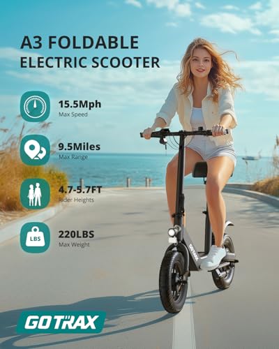 Gotrax A3 Electric Scooter with Seat for Adults 350W Motor 15.5MPH Top Speed Max 9.5 Miles Range 12\" Pneumatic Tire and Height Adujustable Seat Lightweight and Foldable for Commuting (Black)