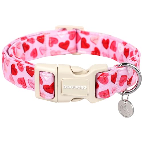 DOGWONG Valentine's Day Dog Collar - Pink Heart Adjustable Cotton Heart Dog Collar - Perfect Dog Collar for Small Medium Large Dogs