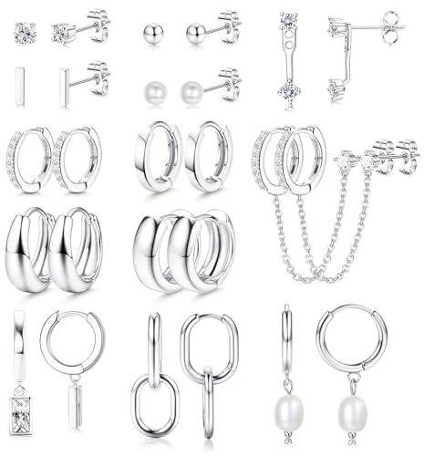 BESTEEL 13 Pairs Small Gold Hoop Earrings Set for Women 14K Gold Plated Lightweight Huggie Hoops Hypoallergenic Pearl Dainty Stud Hoop Earrings for Gift Silver