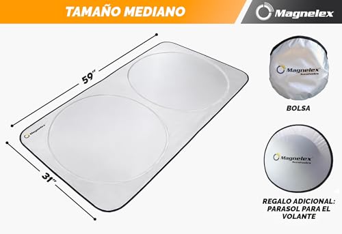 Magnelex Windshield Sunshade with Bonus Steering Wheel Sun Shade. 210T Reflective Polyester Blocks Heat and Sun MEDIUM - (59\" x 31\")