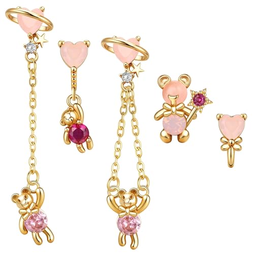 5 Pcs Dainty Gold Earrings for Women - Sterling Silver Hypoallergenic Cartilage Earrings for Women Dangle Pink Bear 14K Gold Plated Earring Sets for Multiple Piercing Earring Stacks